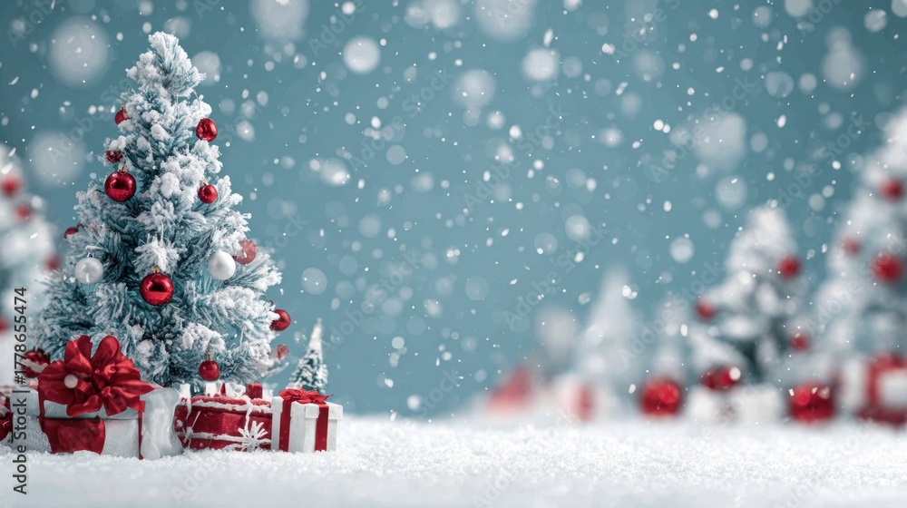 Obraz premium Christmas and winter holiday marketing background, with winter and Christmas tree themes, Christmas ornaments and presents, snowy vibes