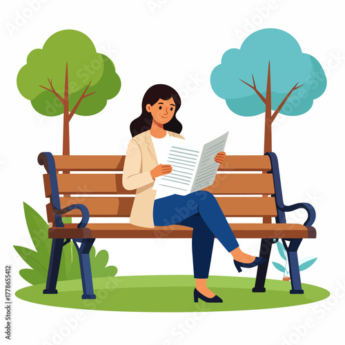 A casually dressed woman with dark wavy hair sits on a wooden park bench, engrossed in reading a newspaper.