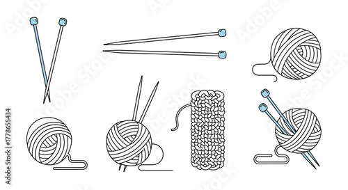 A collection of knitting tools and materials, including yarn balls, knitting needles, and a swatch of knitted fabric.