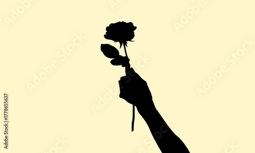 Silhouette of hand holding a rose concept design. Icon of gift a flower for someone. Vector illustration.