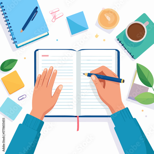 Person Writing in Open Notebook with Blue Pen, Detailed Illustration, Top View.