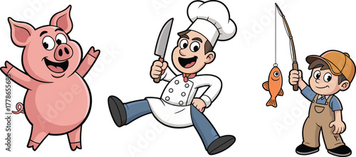 Cute cartoon chef, pig, and fisherman boy illustration — fun animal, cooking, and fishing characters for kids, education, and mascot design