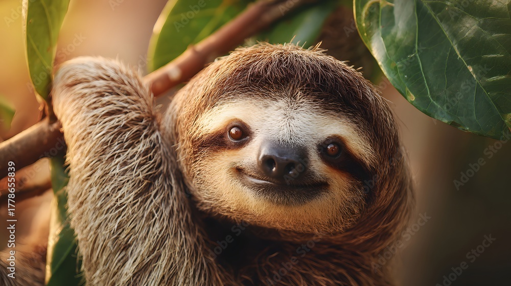 Obraz premium Cute mammal with soft fur clings gently to a branch in a sunlit natural setting