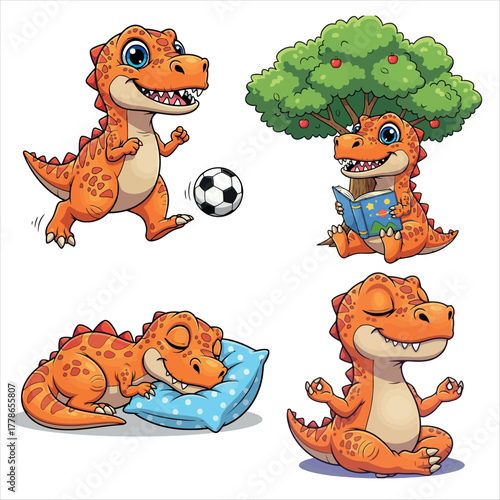 Cartoon dinosaur in different situations illustration