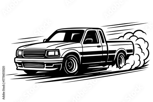 pickup truck drifting on a race track, speed lines and tire smoke behind