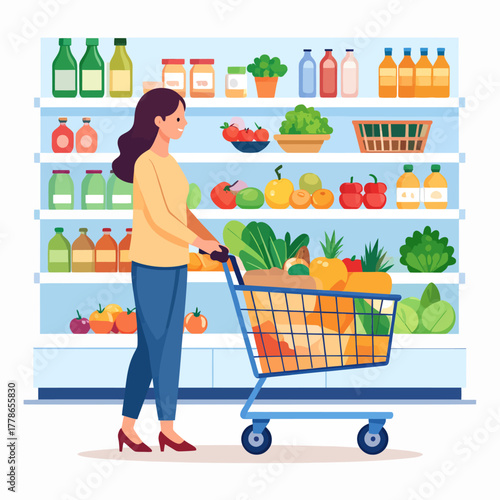 Woman Pushing Shopping Cart Filled with Fresh Groceries in Supermarket Aisle.