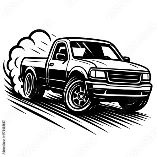 pickup truck sliding on asphalt with dynamic perspective and motion effects