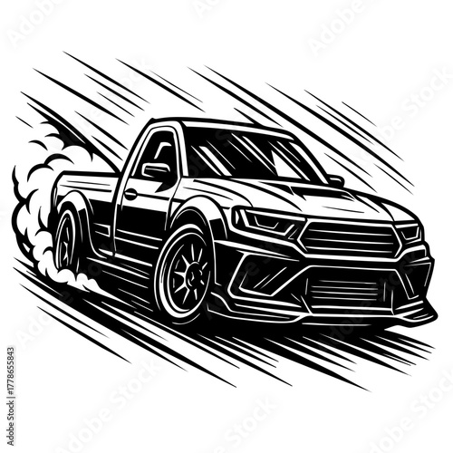 pickup truck performing a drift with aerodynamic modifications and dynamic energy lines