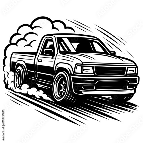 modified pickup truck with wide tires and low suspension drifting sideways