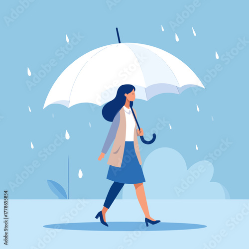 Woman Walking in Rain with White Umbrella, Wearing Skirt and Jacket.