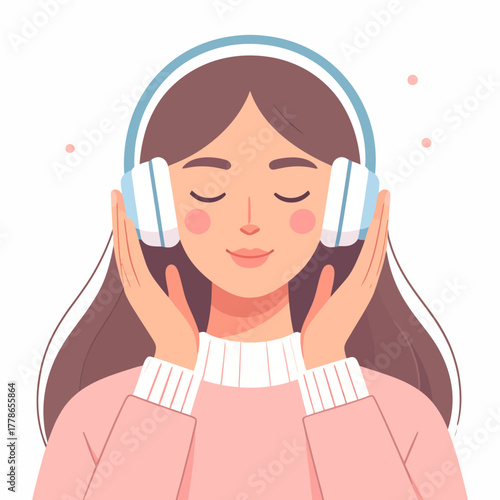 Woman with closed eyes wearing white headphones and a pink sweater, hands raised.
