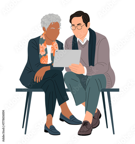 Minimalist vector illustration of diverse business couple sitting on a dark blue bench, viewing a tablet together. Modern flat design with warm, collaborative professional atmosphere