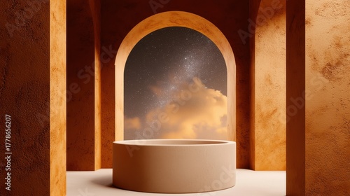 Wellness happiness holistic concept. A modern architectural space with circular elements and a sky backdrop.