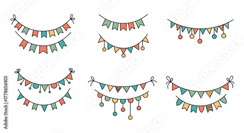 Hand-drawn collection of colorful party garlands with flags, bunting, and decorative balls, perfect for celebrations and festive designs.