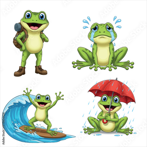 Cartoon frog character set with different poses