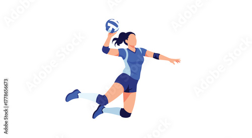 Dynamic volleyball player spiking the ball with power and skill, ready for competitive sports action in vibrant blue uniform on white background