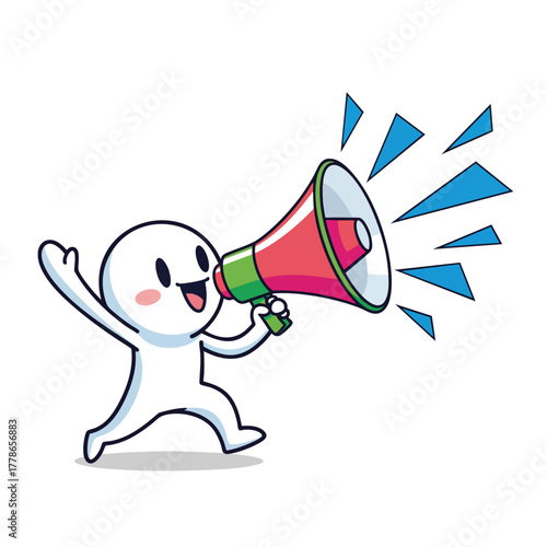 Cute white cartoon character shouting happily through a red and green megaphone.