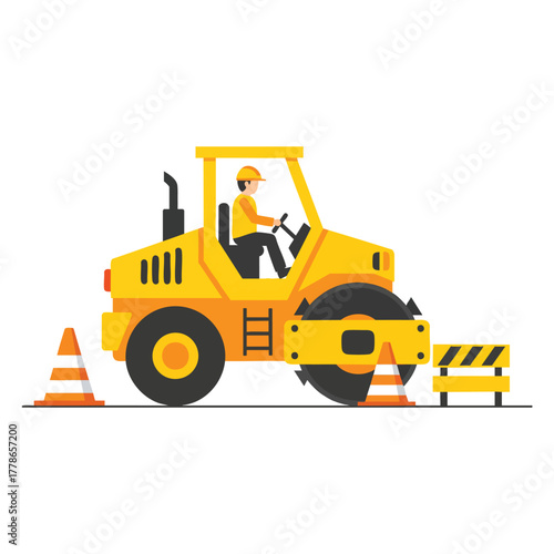 Flat vector illustration of a construction worker operating a yellow steamroller with traffic cones and a barrier.