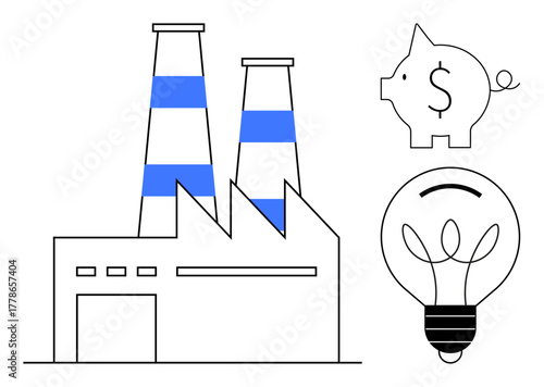 Factory building with chimneys, a piggy bank with a dollar sign, and a light bulb. Ideal for themes thumbs up industry, energy, innovation, finance, sustainability, efficiency business planning