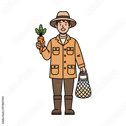 Friendly cartoon farmer in a beige jacket and hat holding a fresh carrot and a net bag.