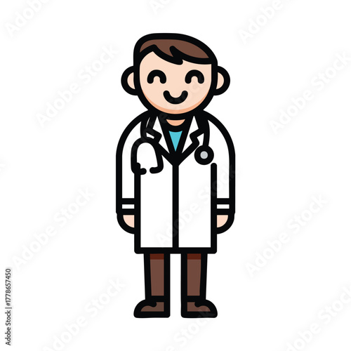 Friendly cartoon male doctor character smiling in a white lab coat with a stethoscope around his neck.