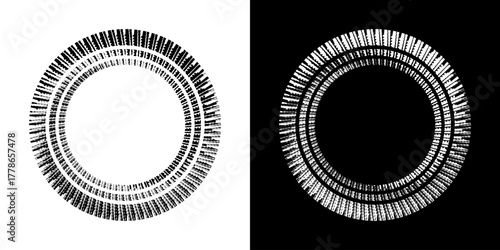 Dynamic abstract spiral sound wave rhythm lines. Circular spiral sound wave rhythm of lines. Circular futuristic abstract lines, black and white background.	