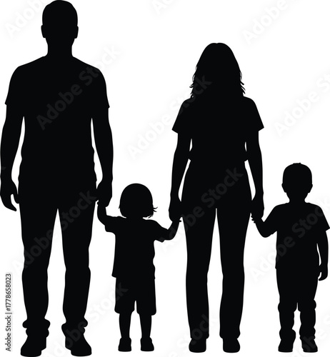 Silhouette of family standing together, parents and two children holding hands, black vector illustration isolated on white background for design, unity, and community concept