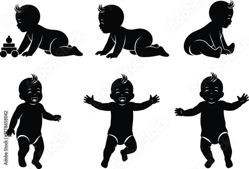 Silhouette of crawling and standing baby in playful poses, vector illustration isolated on white background, infant activity collection for childcare and parenting design