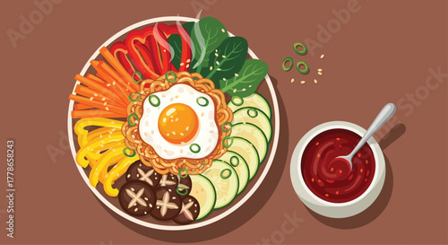 Delicious bibimbap bowl with vibrant vegetables and fried egg for healthy lifestyle and food blog recipes, a tasty Korean dish inspiration