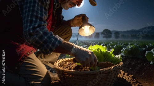 Night farmer diligently planting his fresh greens