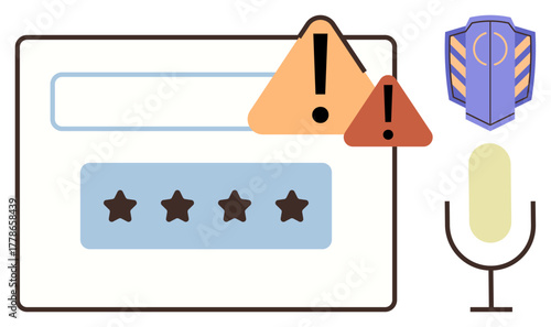 Password field with star placeholders, warning triangles, shield icon, and microphone. Ideal for cybersecurity, privacy, digital safety, voice technology, authentication warning systems simple flat