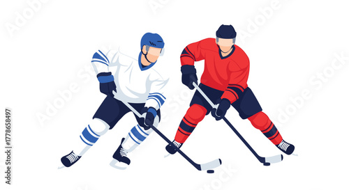 Dynamic ice hockey players in action, professional match, team sports, vibrant illustration for sports marketing and event promotions