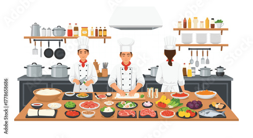 Dynamic team of chefs preparing delicious dishes in a bright professional kitchen, perfect for restaurant promotions or culinary school campaigns
