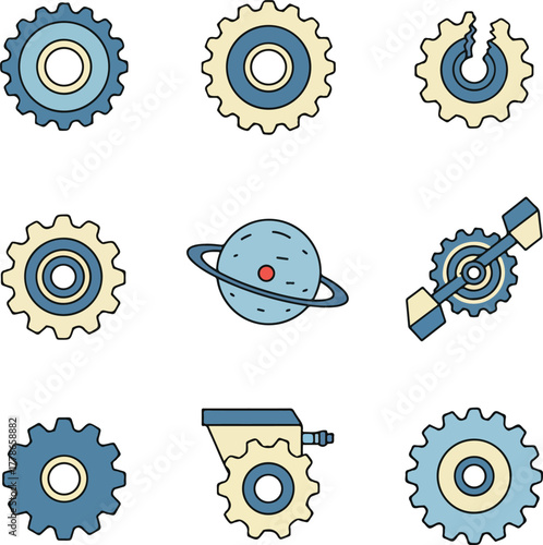 Mechanical gear planet  devices in a grid pattern create a futuristic tech concept suitable for science or engineering designs.