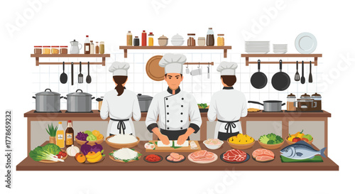 Professional chefs preparing delicious meals in a busy restaurant kitchen, showcasing culinary teamwork and fresh ingredients for a vibrant food experience