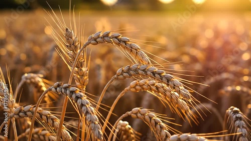 Golden Wheat Field at Sunset Close Up Macro Shot.