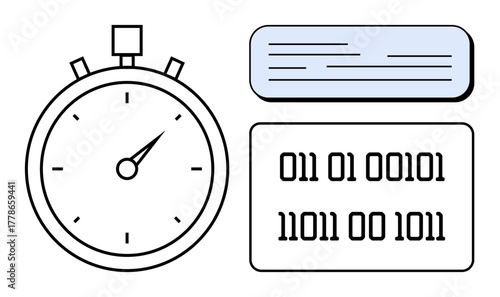 Stopwatch with clock hands beside binary code and text bubble, representing time tracking, digital technology, coding, efficiency. Ideal for tech, productivity, programming, testing data accuracy