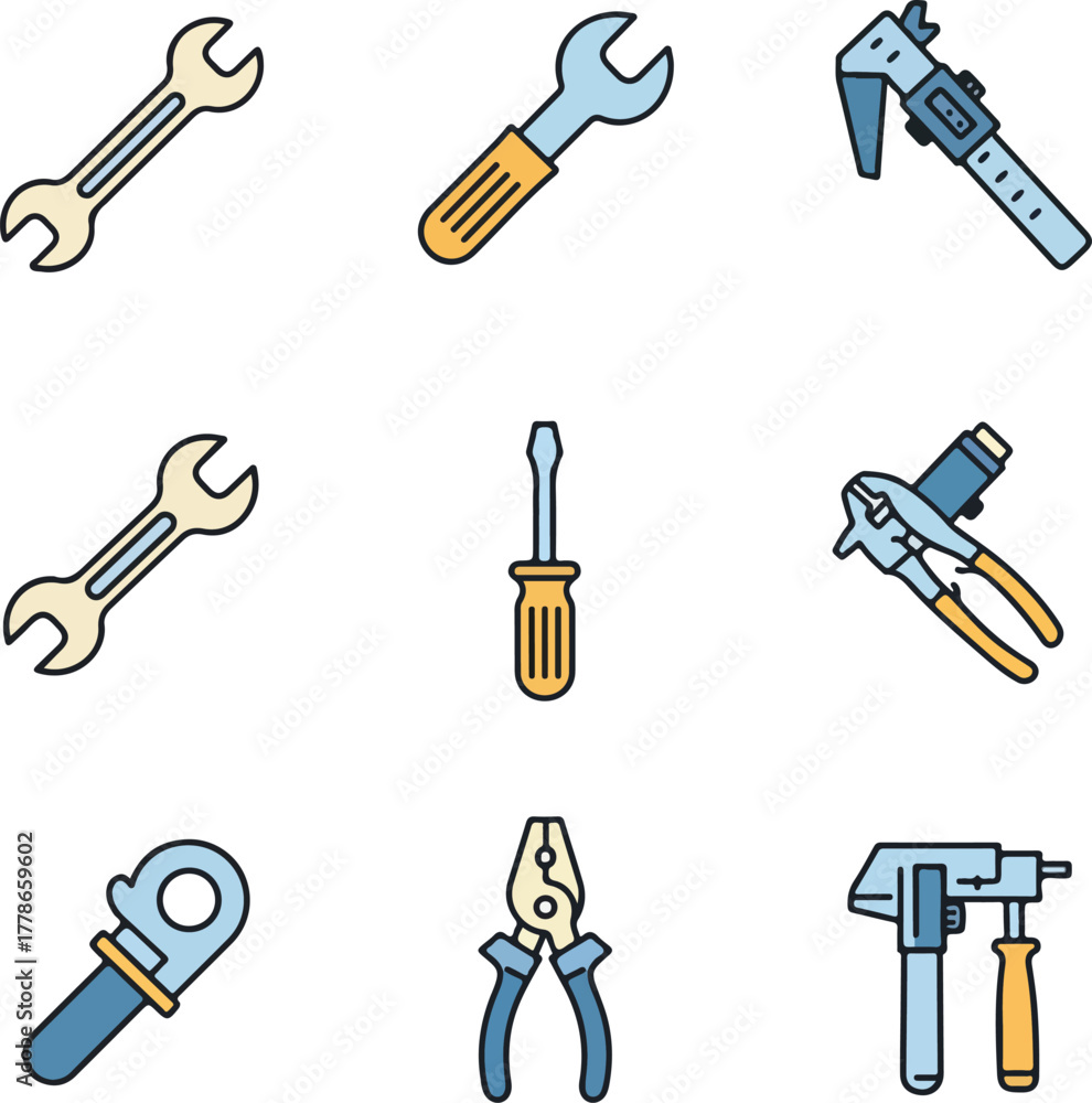 Fototapeta premium Simple wrenches and pliers displayed in a minimalist style. Ideal for diy, construction, repair, and hardwarethemed designs and projects.