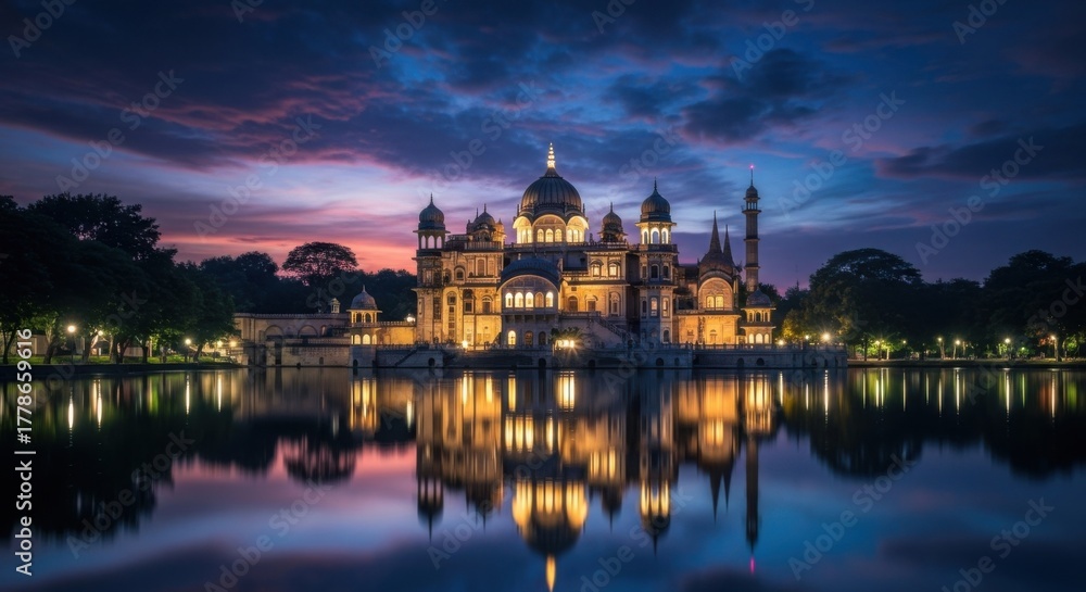 Fototapeta premium Majestic illuminated palace reflected in calm water at twilight