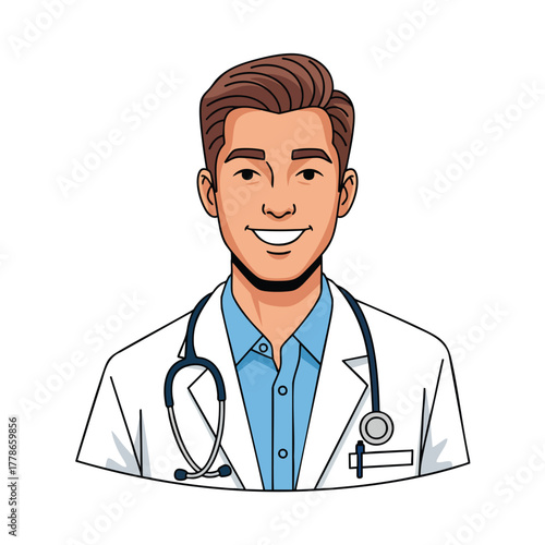 Smiling young male doctor with brown hair in a white lab coat and stethoscope illustrated in a clean comic style.
