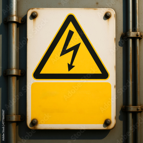 High voltage warning sign with black lightning bolt symbol on yellow metal plate, mounted on brown wall—capturing industrial safety, hazard alert, and electrical risk awareness.