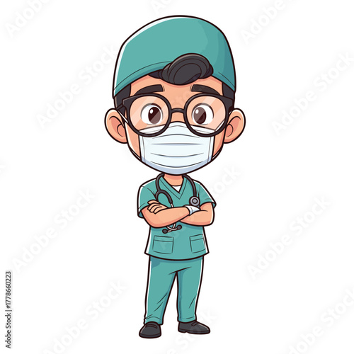 Young cartoon male doctor in teal scrubs surgical cap and face mask with arms crossed.