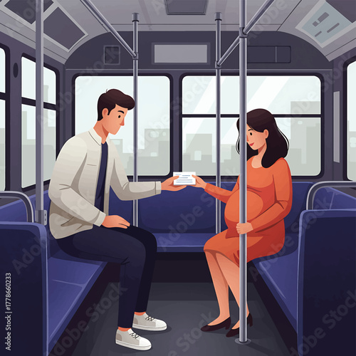 Illustration of a man handing a coffee cup to a pregnant woman on a city bus with blue seats and large windows.