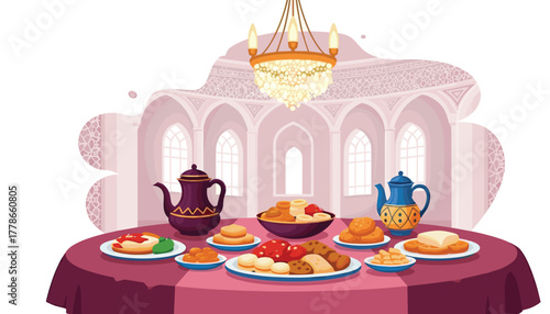 Elegant iftar setup with traditional sweets and teapots in ornate dining room, perfect for Ramadan celebrations and family gatherings