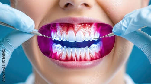 Dental Examination Close Up Glowing Pink and Blue Light