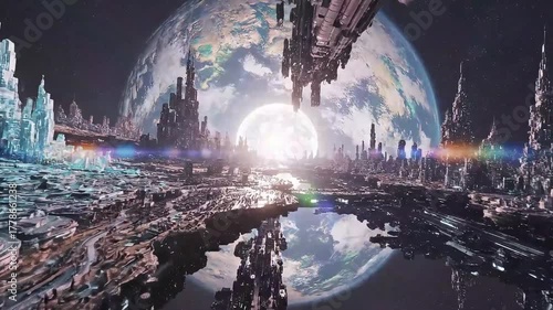 Vast Futuristic Megastructure City Orbiting a Planet in Deep Space.
