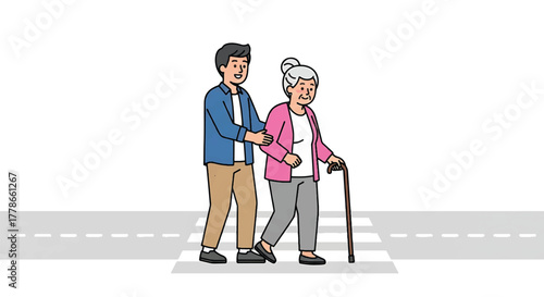 An elderly woman with a cane is assisted by a young man across a crosswalk in a minimalist illustration with a neutral color palette.