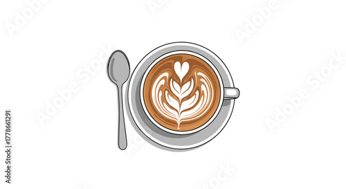 A Delicious Latte Art Creation with a Spoon Ready to Stir, Perfect for Coffee Lovers and Cafe Designs, Latte Art Illustration