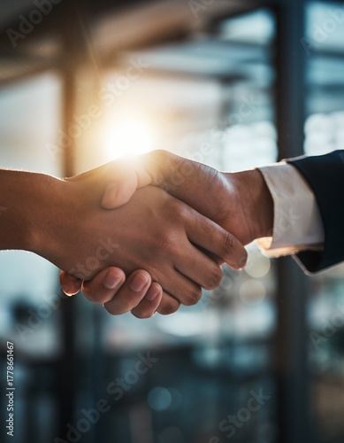 Close-up of businessman hand making handshake with partner the ray from the background.