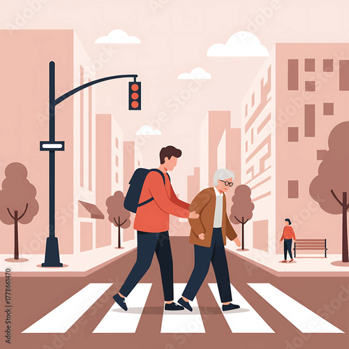 A young man with a backpack assists an elderly woman crossing the street in a city with a crosswalk and traffic light.